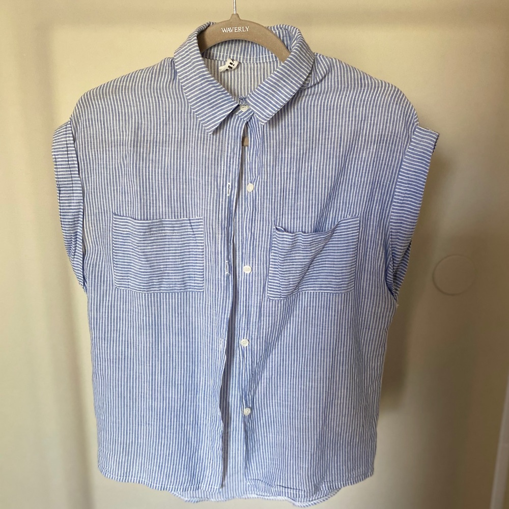 Blue button down linen top